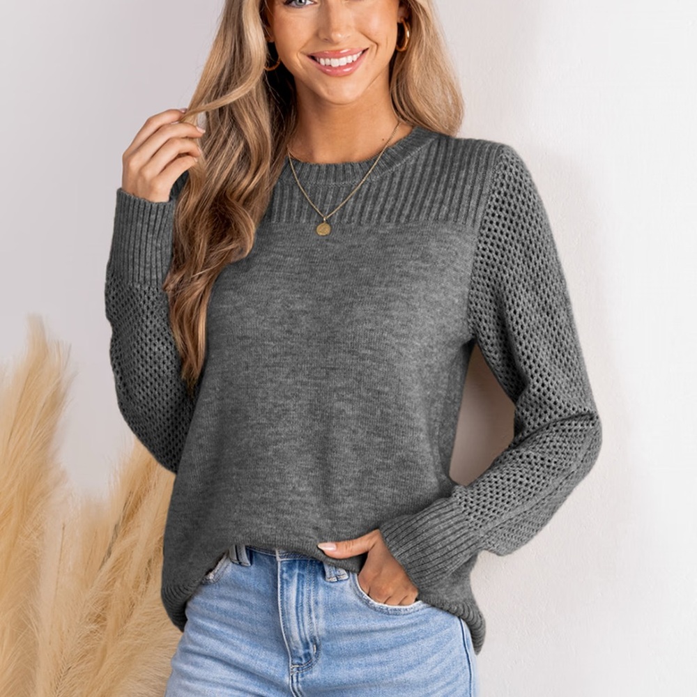 Cupshe Grey Ribbed Knit Round Neck Long Sleeve Sweater